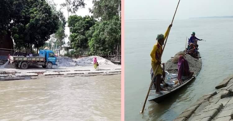 শ্যালো মেশিনে করে বালু নদীর পারে নেওয়ার পর সেখান থাকে ট্রাকে করে বালু নেওয়া হয়