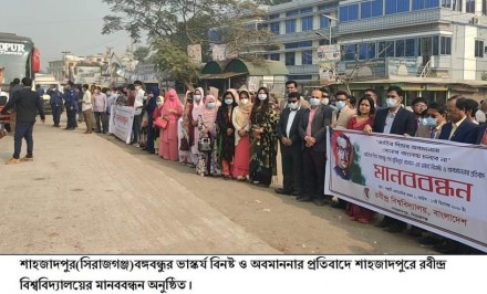 বঙ্গবন্ধুর ভাস্কর্য বিনষ্ট ও অবমাননার প্রতিবাদে রবীন্দ্র বিশ্ববিদ্যালয়,বাংলাদেশ’র মানববন্ধন